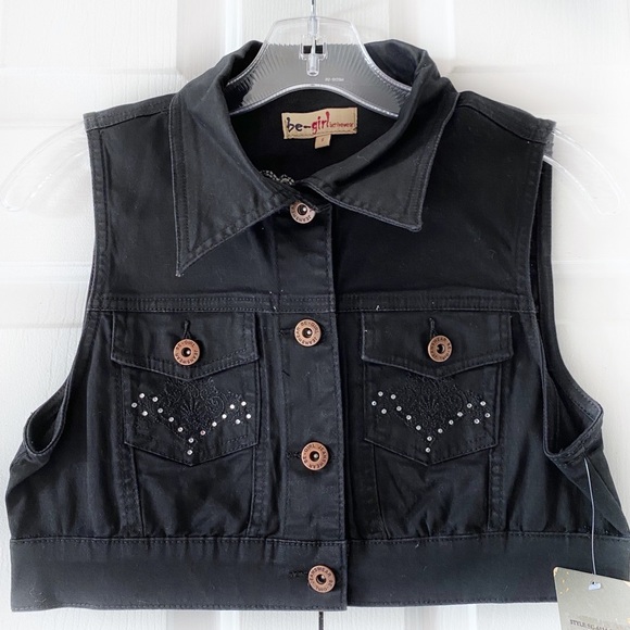 Be Girl Women Juniors Black Rhinestone Crochet Denim Crop Shirt Vest Stretch M L - Picture 10 of 11